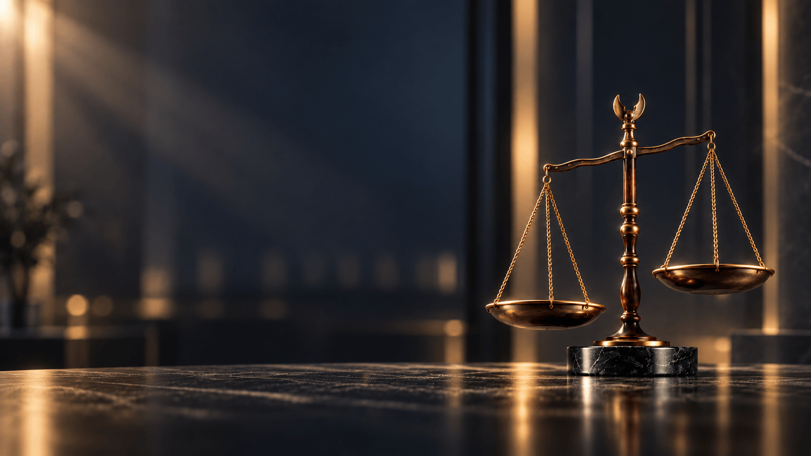 Balanza de la justicia en bronce, iluminada con luz dramática