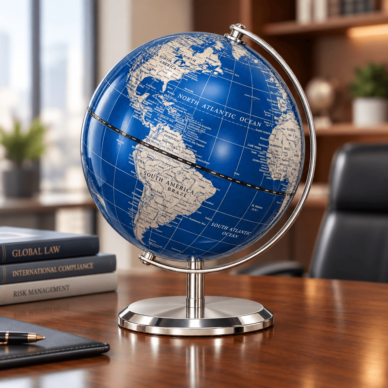 Globo terráqueo sobre un escritorio, junto a libros de derecho global y compliance