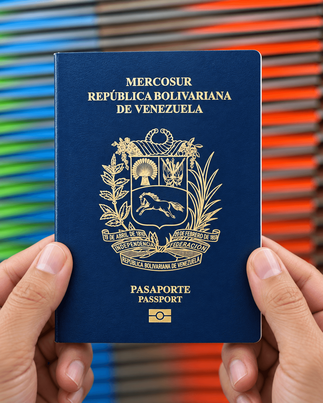Manos sosteniendo un pasaporte venezolano